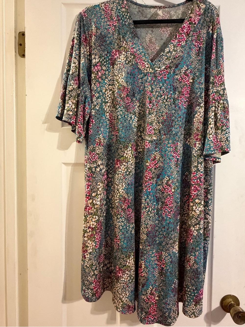 Emerald Teal and Pink Floral V-Neck Midi Dress